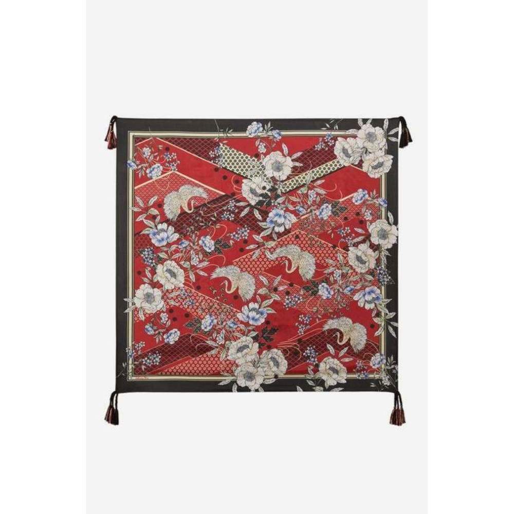 Johnny Was Royal Crane Silk Scarf Square Large Red Floral Geometric Tassel NEW